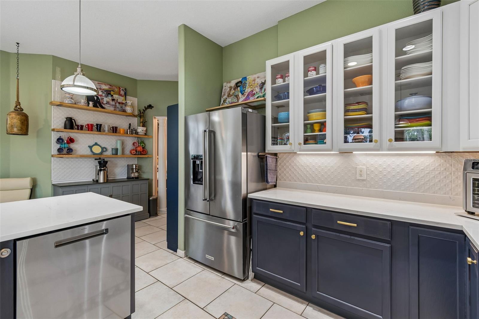 Custom Kitchen with Coffee Bar, Kitchen Aid 23.8 cu. ft, 36" Counter-Depth French Door Platinum Interior Refrigerator with PrintShield Finish and New GE Profile Dishwasher.