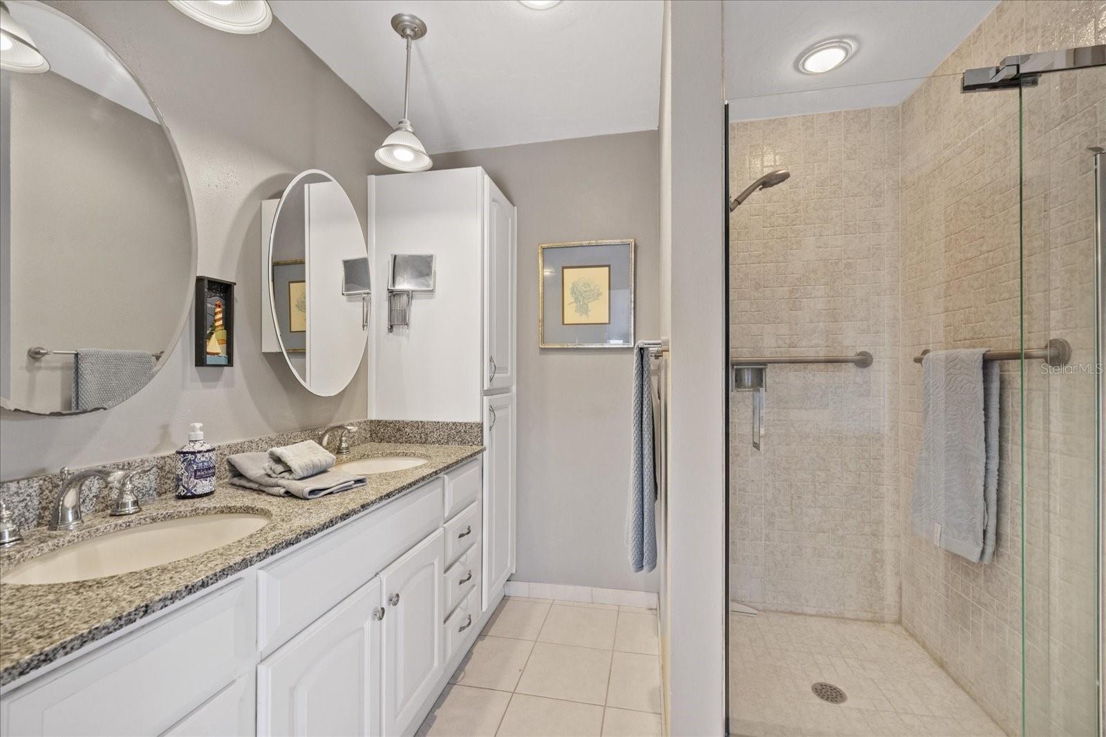 Primary ensuite with dual vanity, walk in shower, garden jetted tub, toilet and bidet.  (bidet not working)