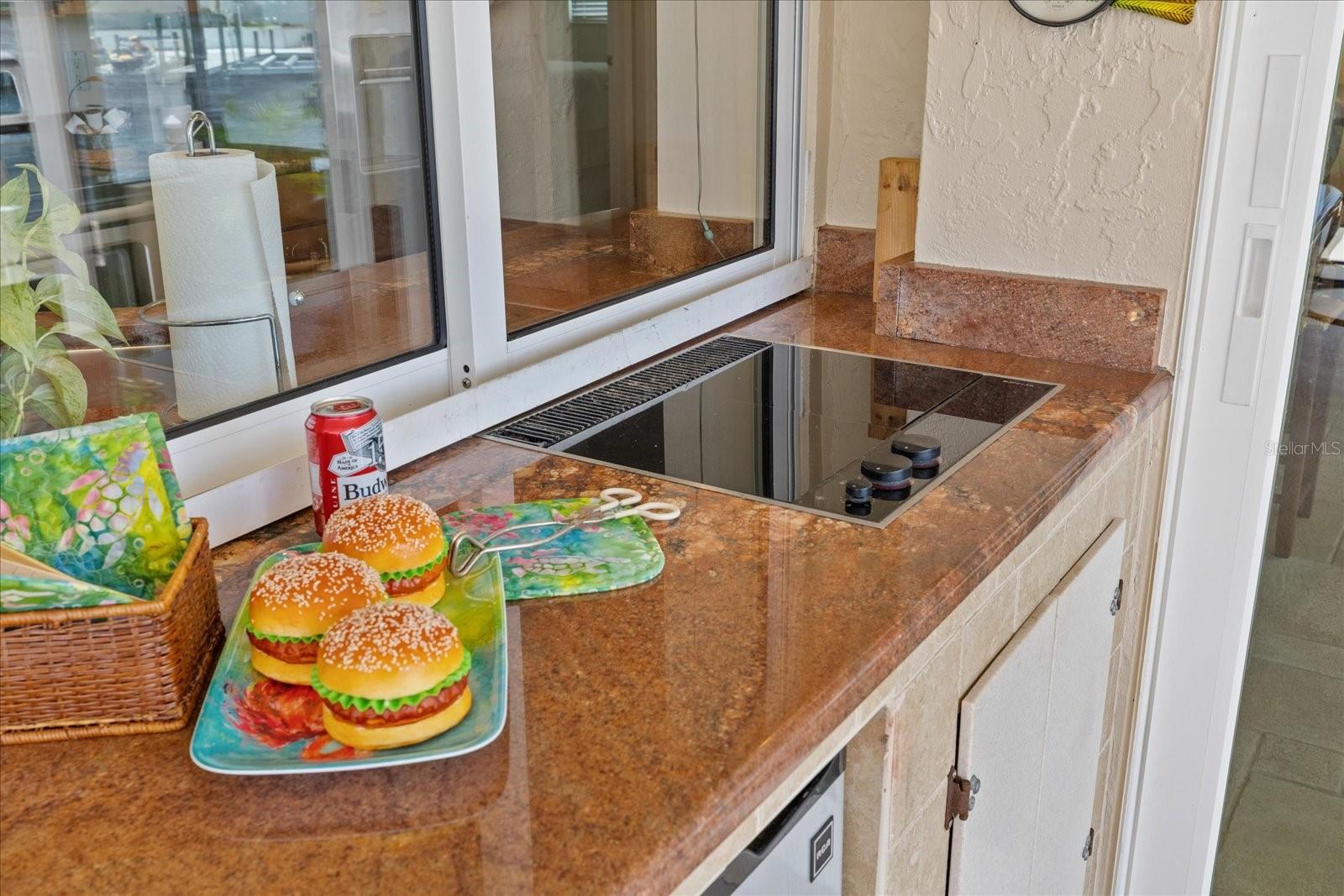 Pass through window with a Jen-air cooktop and outdoor mini frig