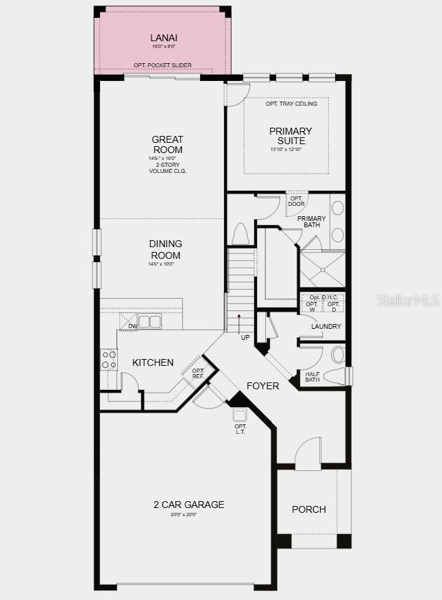 First Floor Plan - Additional highlights include: 8' interior doors, laundry appliance package included, and covered lanai