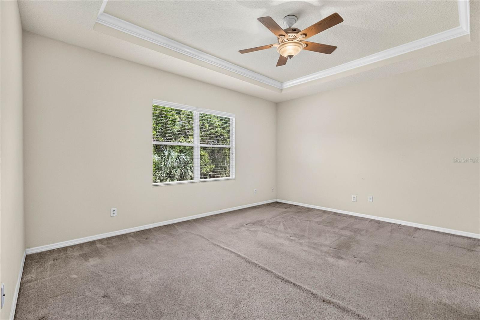 Primary bedroom with ceiling fan/tray ceiling
