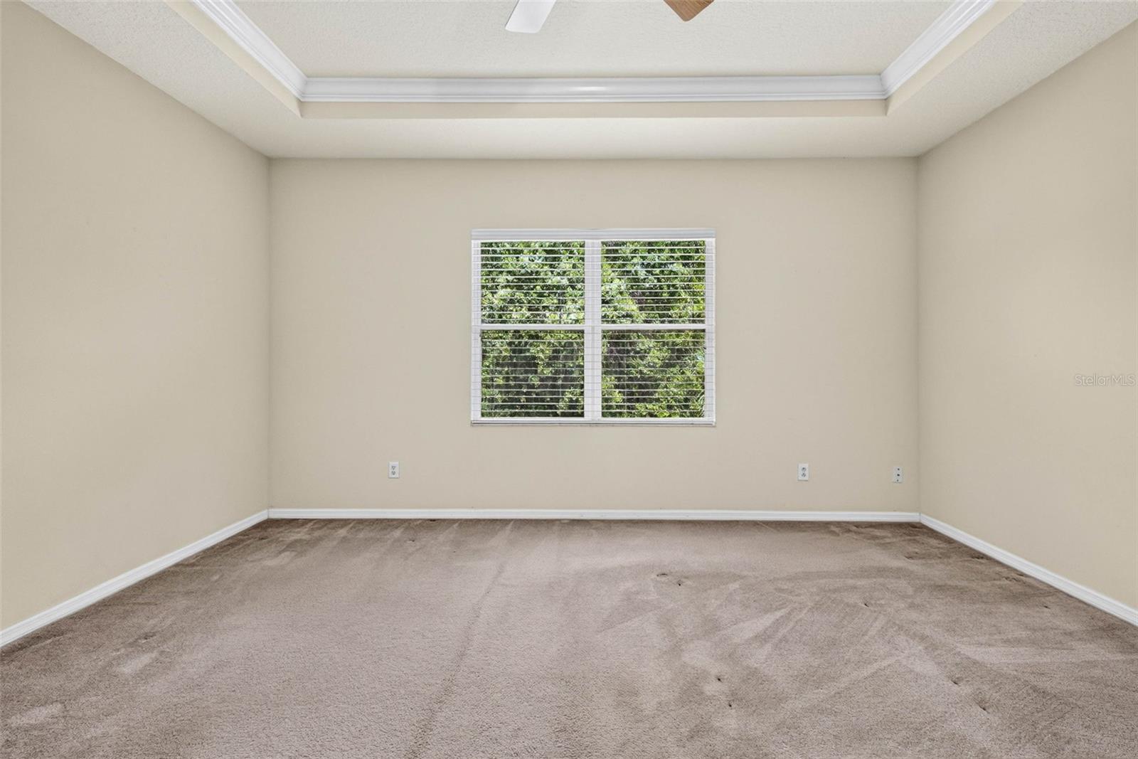 Primary bedroom with large picture window overlooking backyard