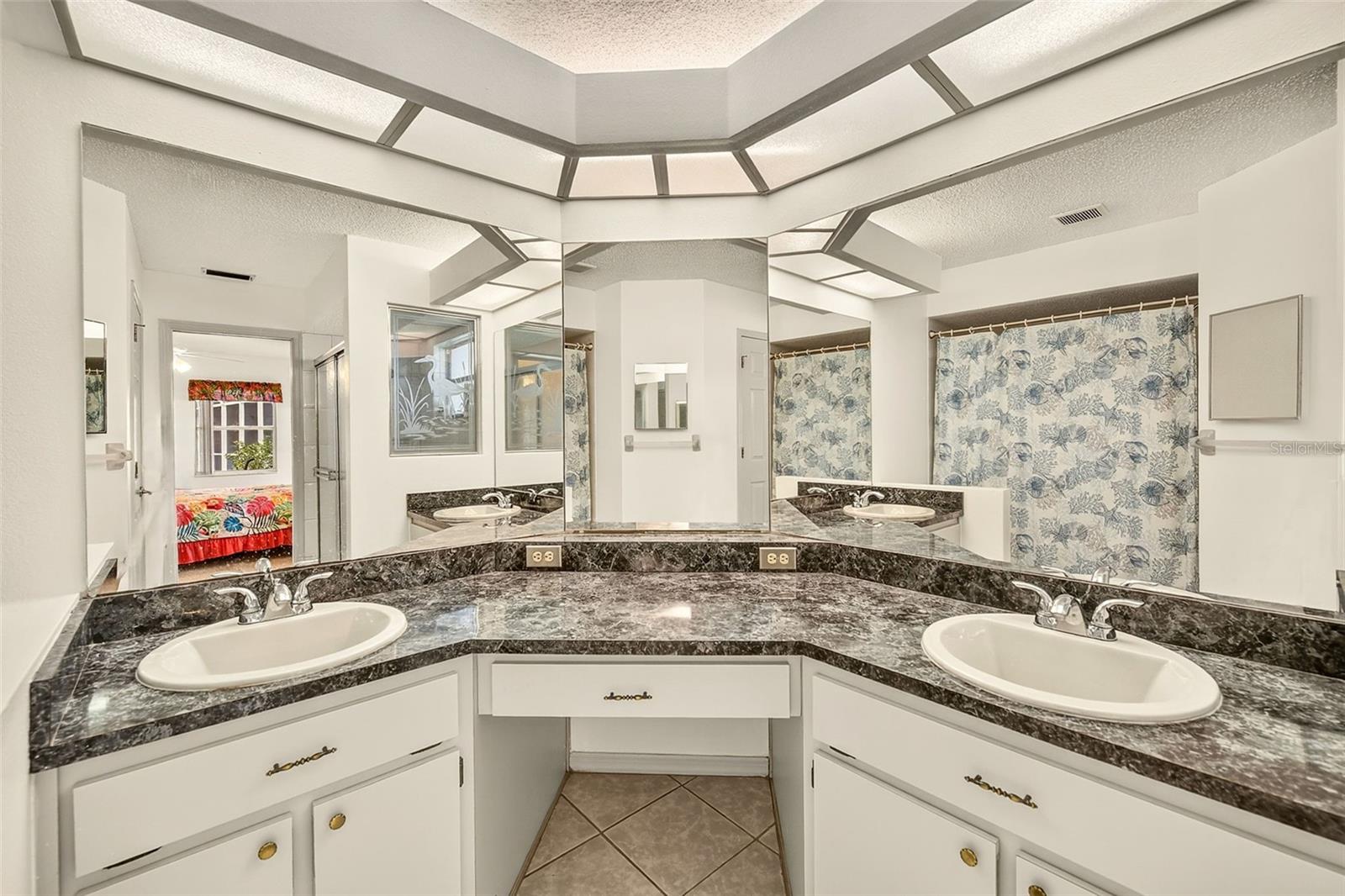 View of master bathroom counter and double sinks