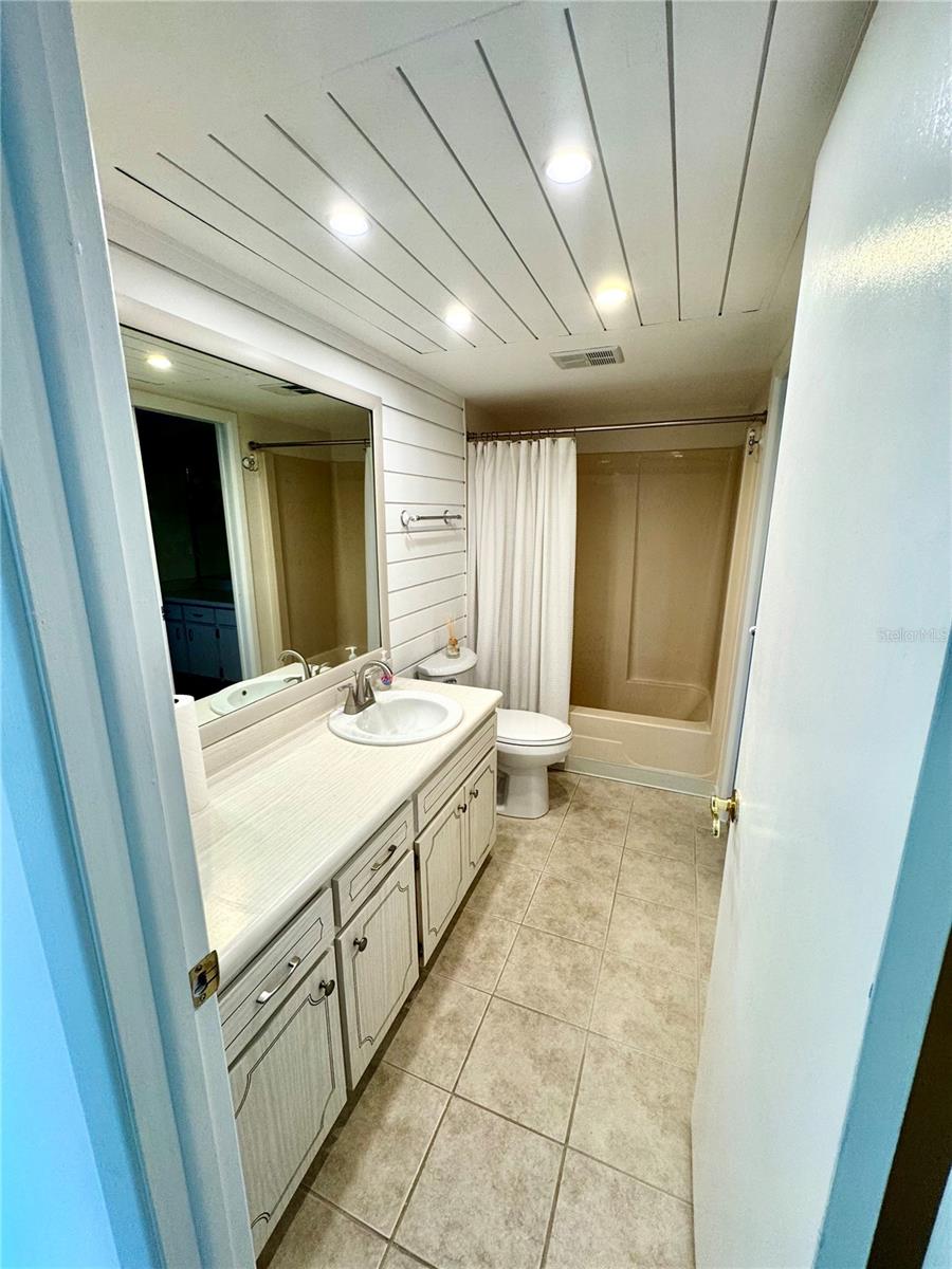 Bath with lapboard ceiling and walls with no maintenance fiberglass shower and tub