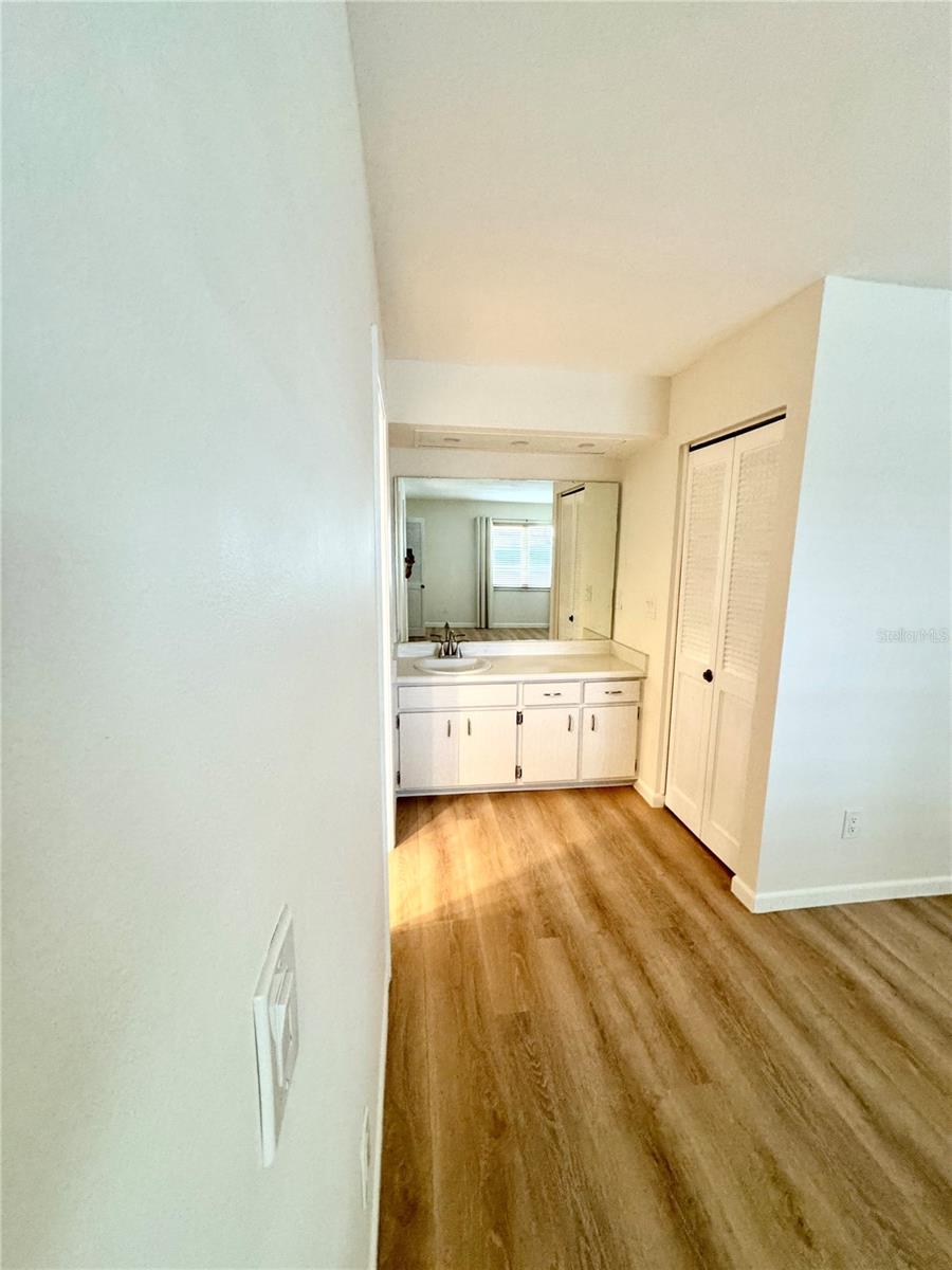 Vanity with sink in master bedroom