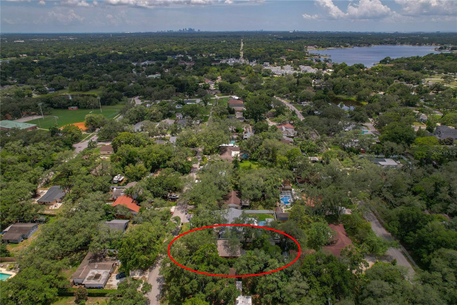 Looking South.  The ball diamond at Roy Haynes Park & Community Center is in the upper left.  Lake Carroll in upper right.