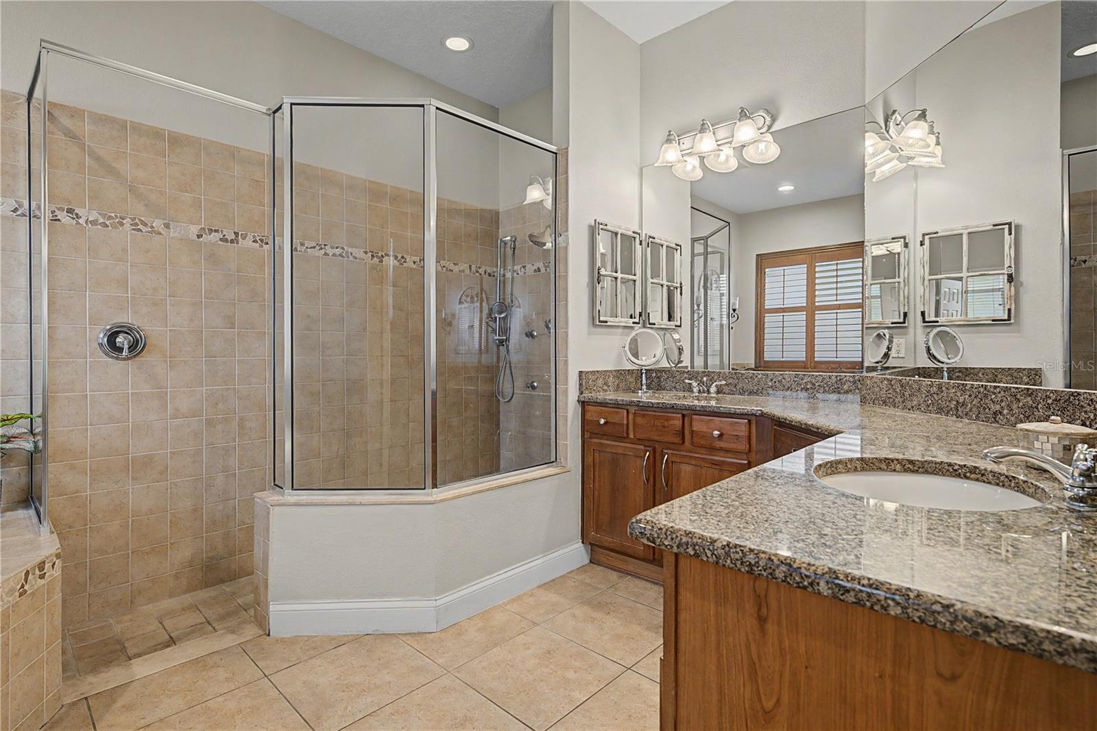 Bath ensuite with large shower and granite counters