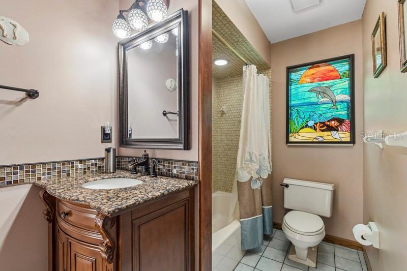 Hall bath with shower/tub combo, large linen storage and elegant updates
