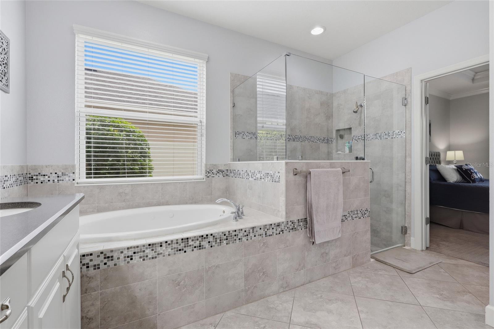 Primary bath with walk-in shower, jetted tub, and custom walk-in closet
