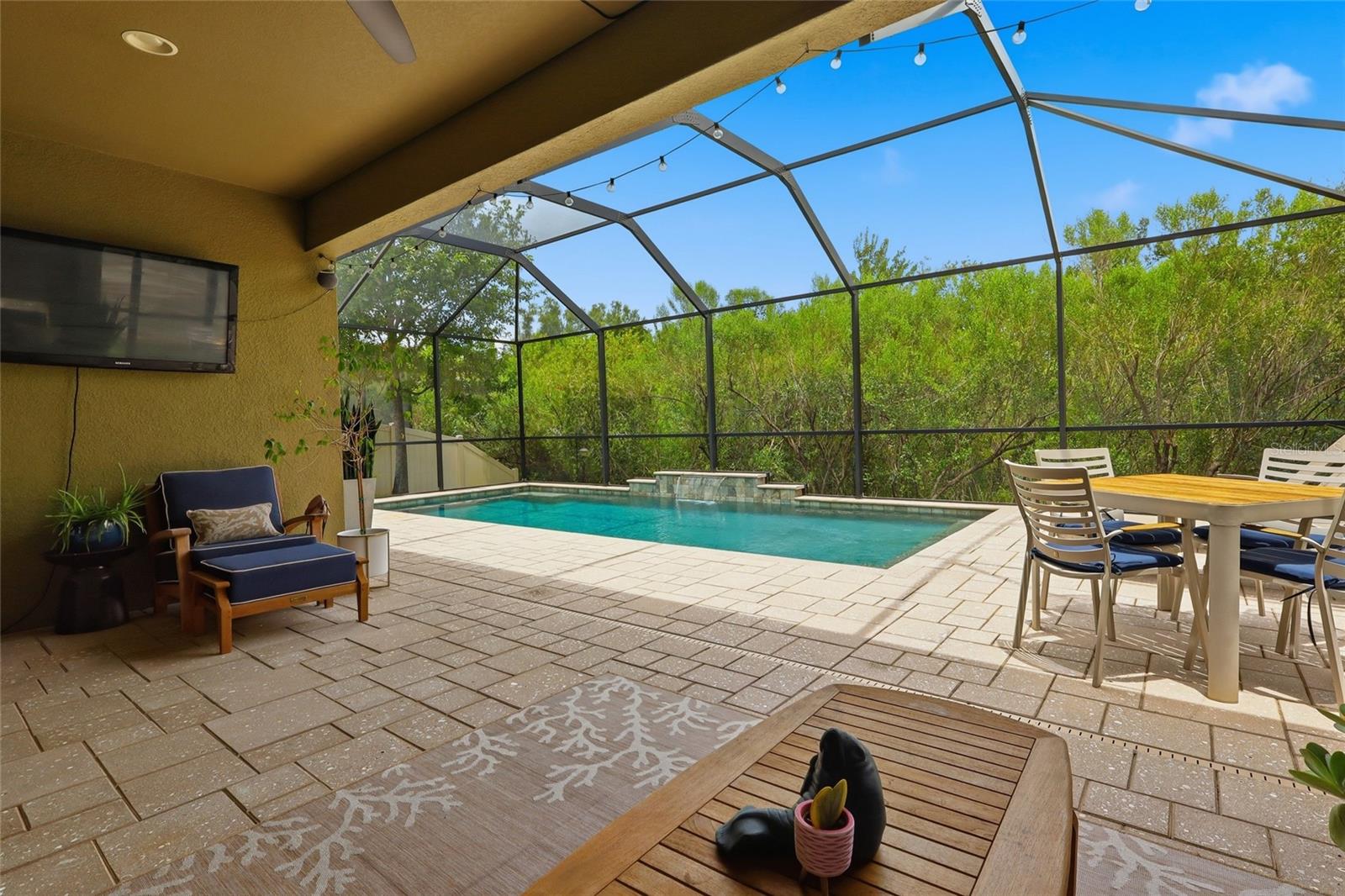 Covered lanai overlooking a stunning pool with a waterfall