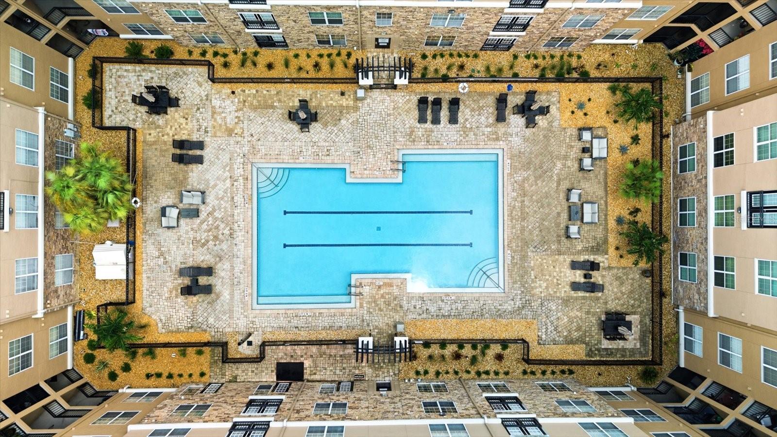 Aerial view of the pool and lounge areas