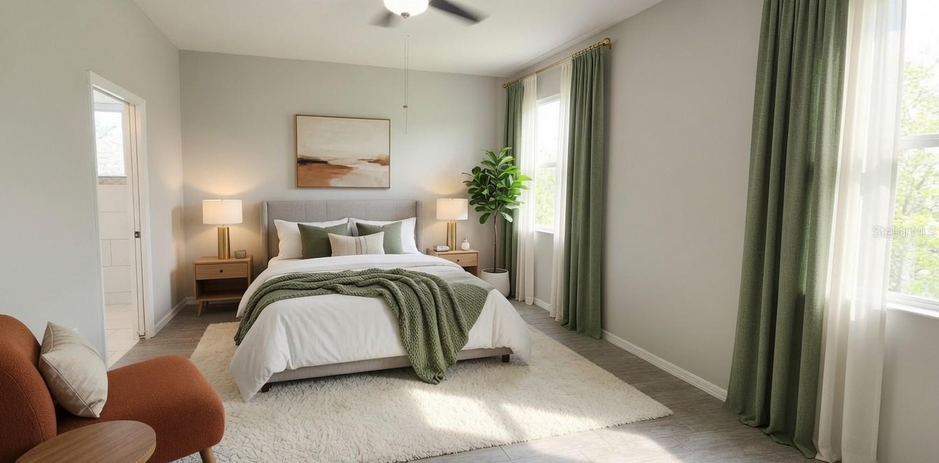 Primary bedroom staged