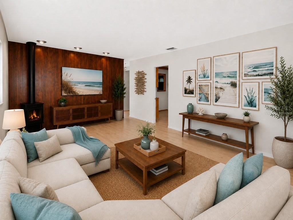 Virtually staged Main House Living Room 14x20 (*electric fireplace not included - shown as staging possibility)