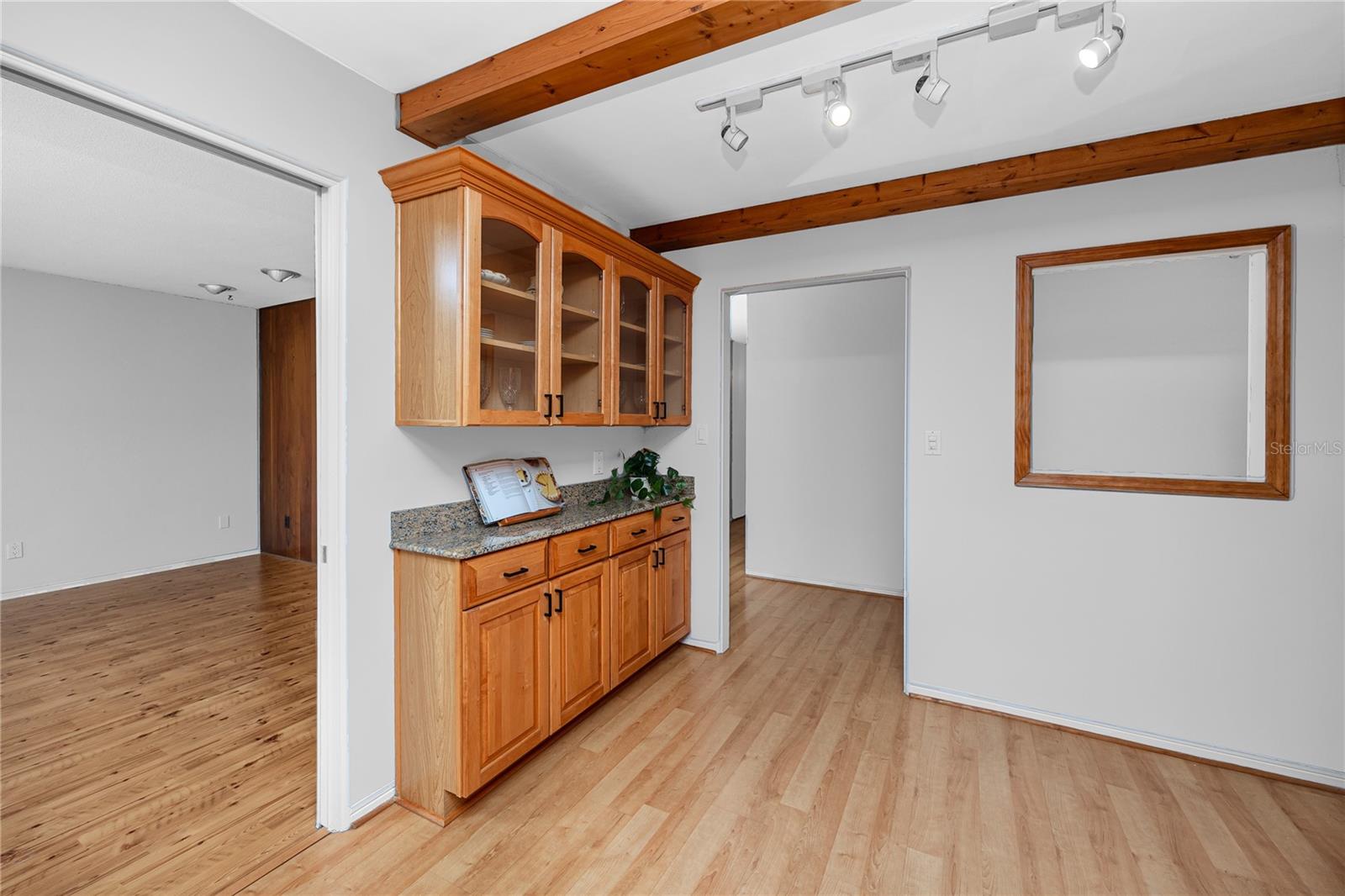 View from inside Main House kitchen toward living room and entry