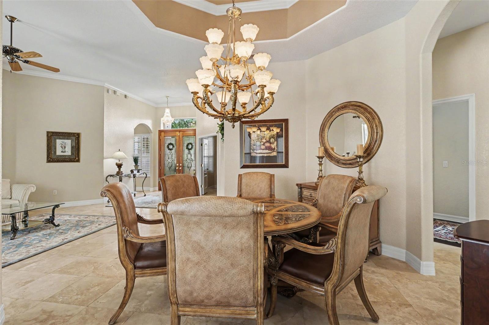 Stunning chandelier in formal dining area