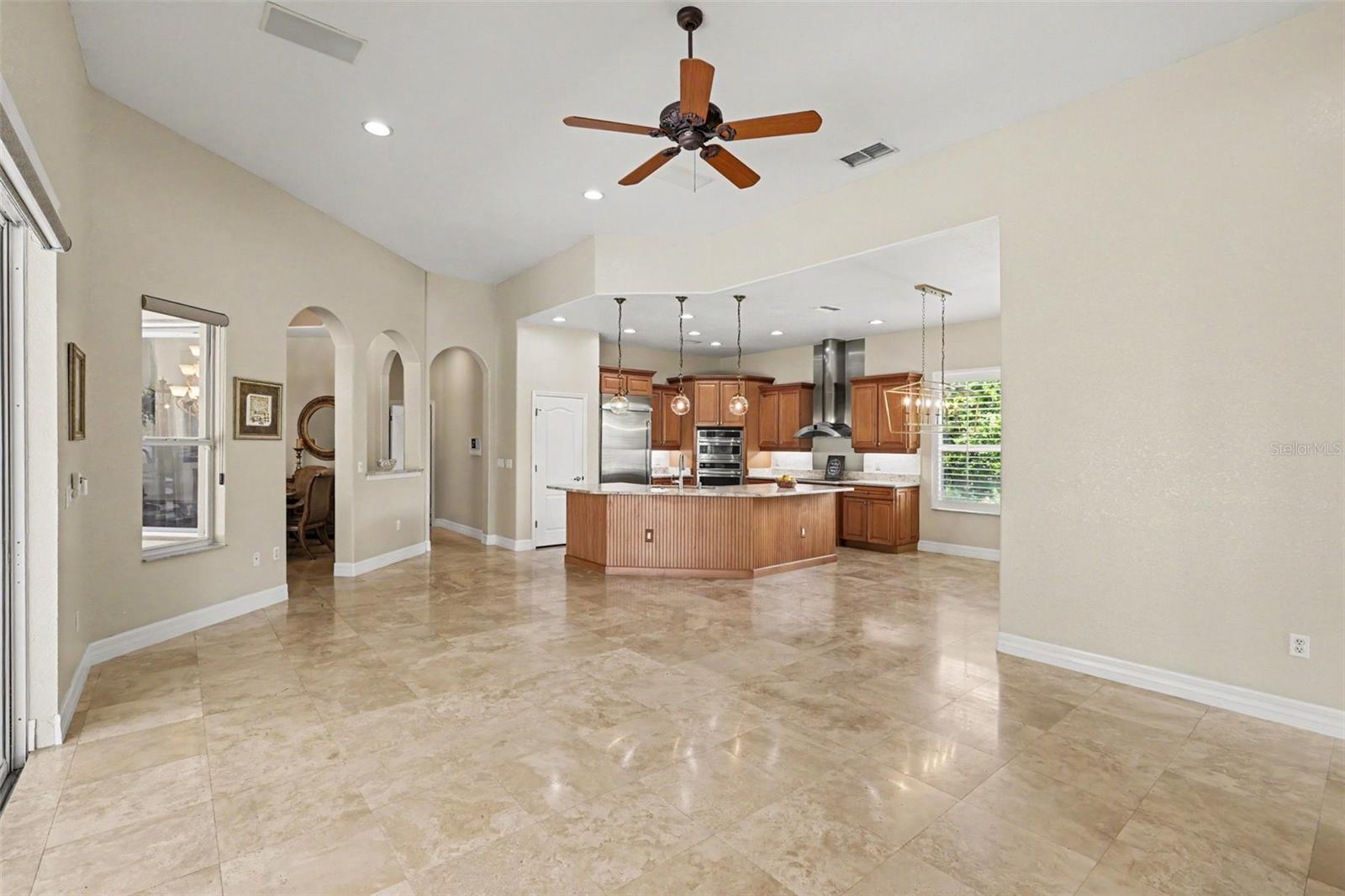 Travertine marble flooring in the Great Room