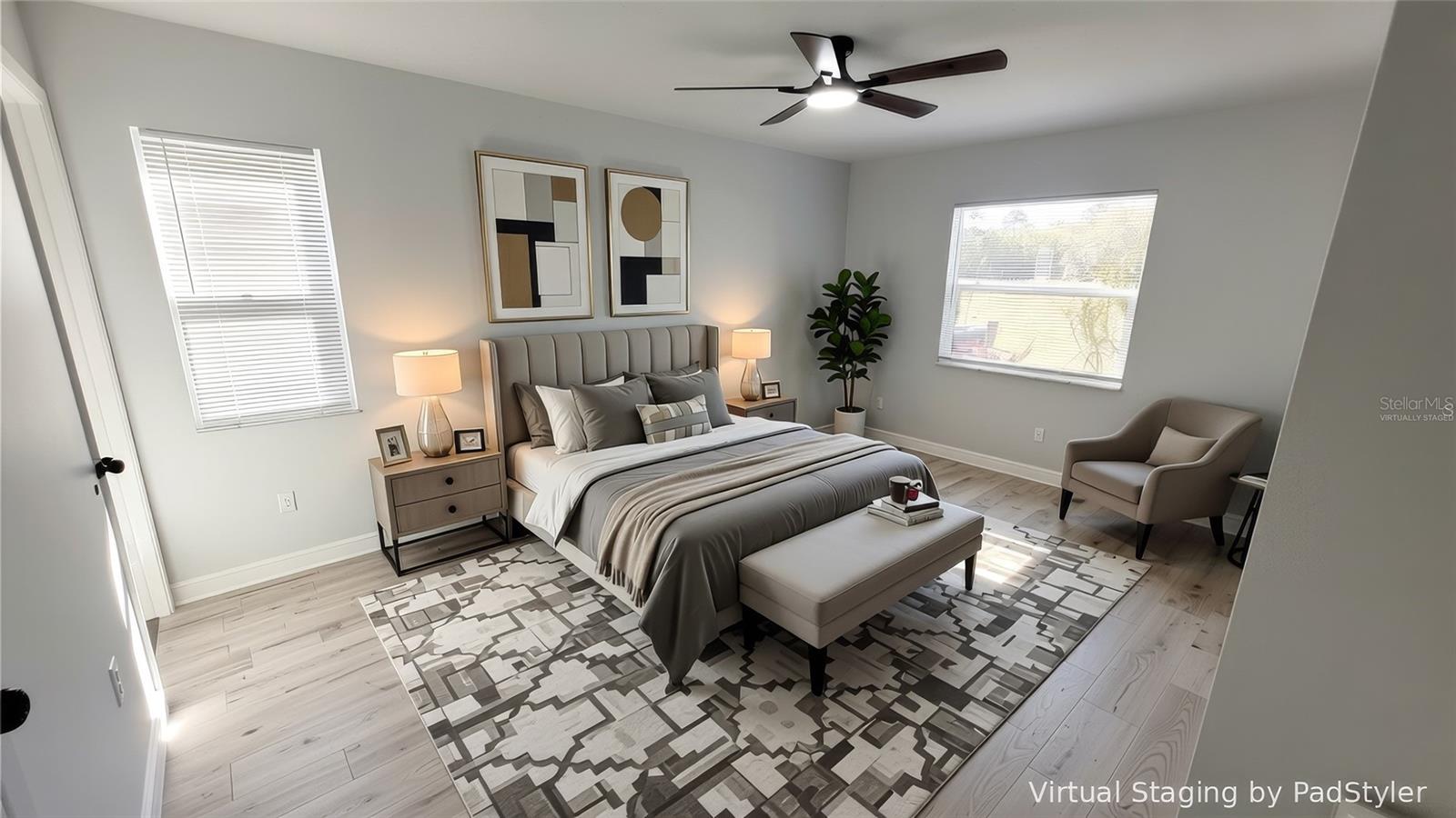Virtually staged master bedroom.
