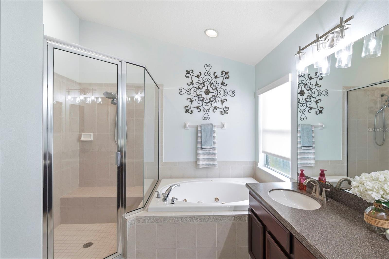 Separate jetted spa tub & shower.